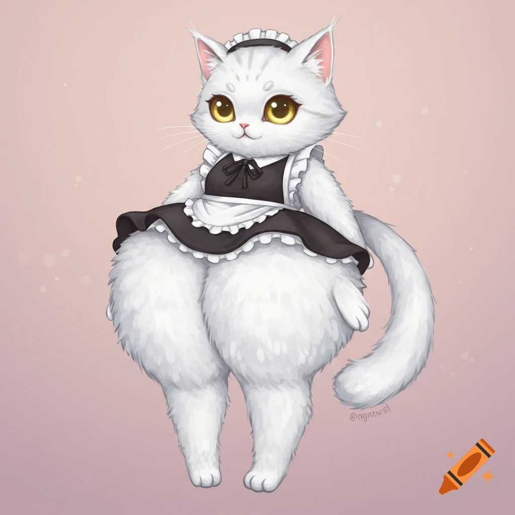 An illustration of a fluffy white cat wearing a maid outfit, standing with large yellow eyes.