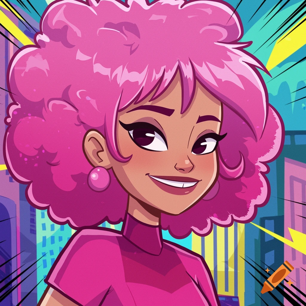 A cartoon portrait of a young woman with pink afro hair wearing a pink top, smiling in front of a stylized city background.