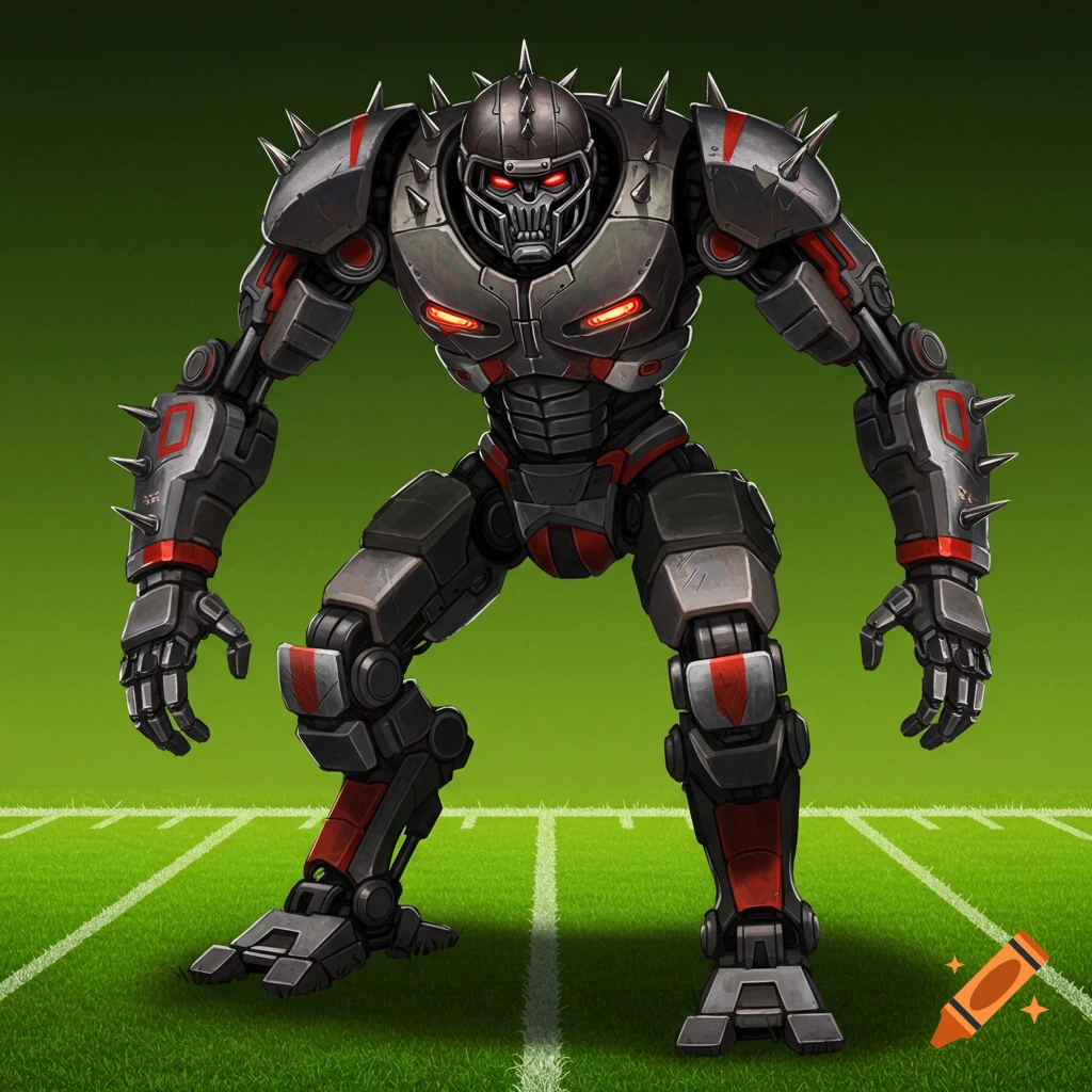 A tough looking robot in spiked football armor stands on a green football field.