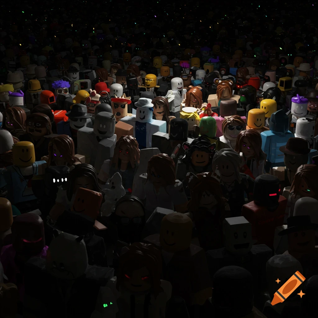 A large crowd of Roblox avatars is gathered in a dark room.