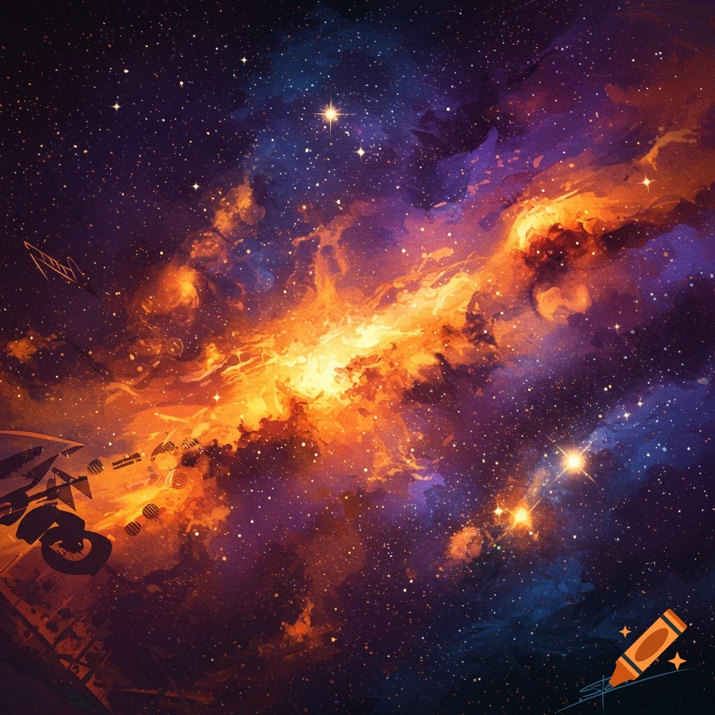 A vibrant orange and purple nebula in deep space with stars and abstract shapes in the foreground.