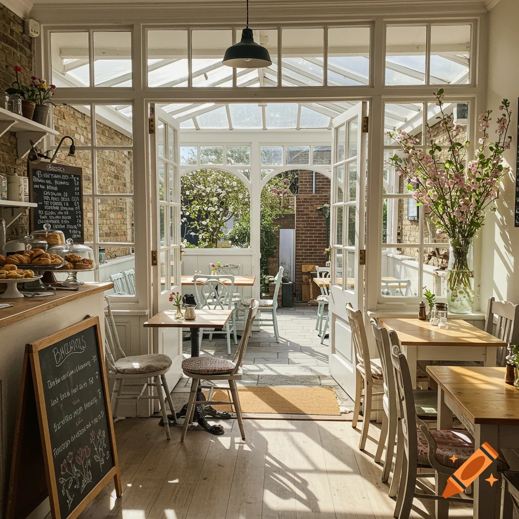 Sunny cafe interior with tables, counter, and French windows opening to a patio garden.