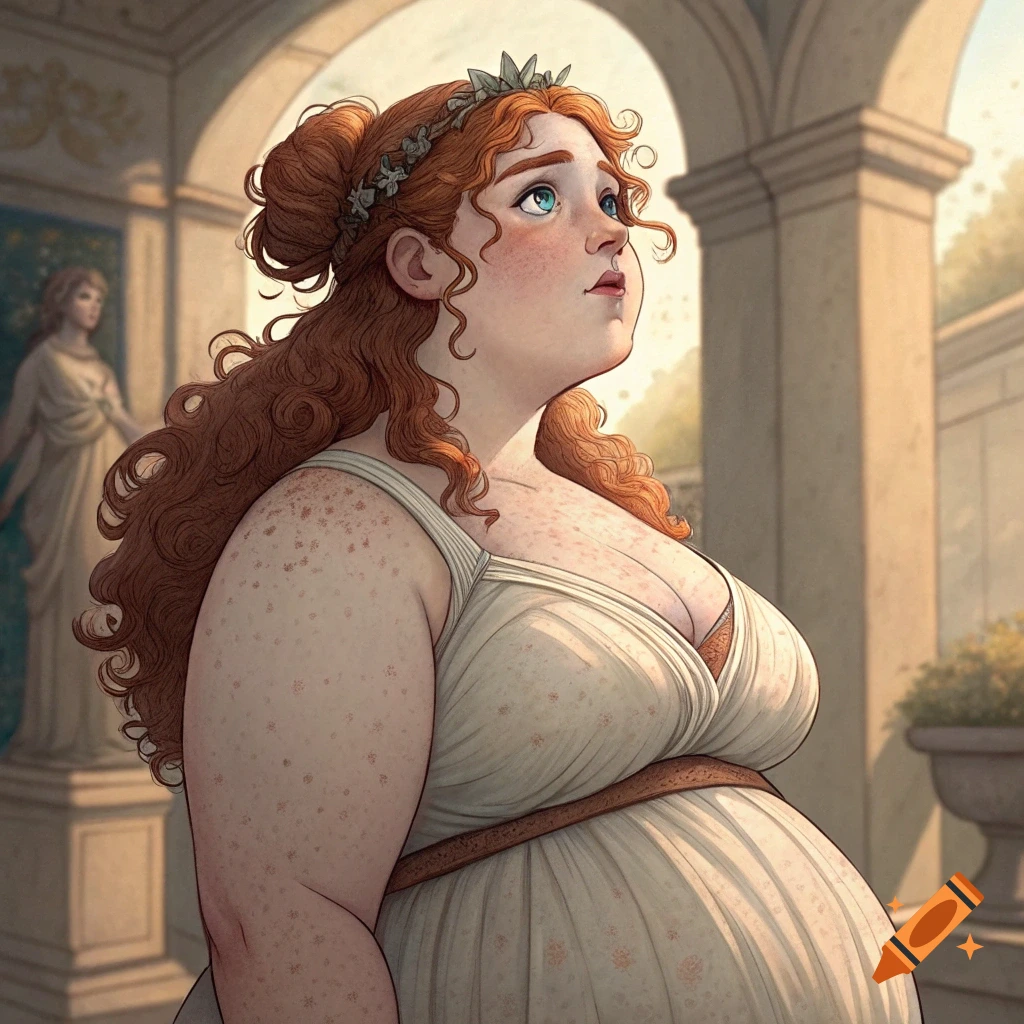 Studio Ghibli style illustration of a woman with red curly hair and freckles wearing a cream classical dress in an arched building.