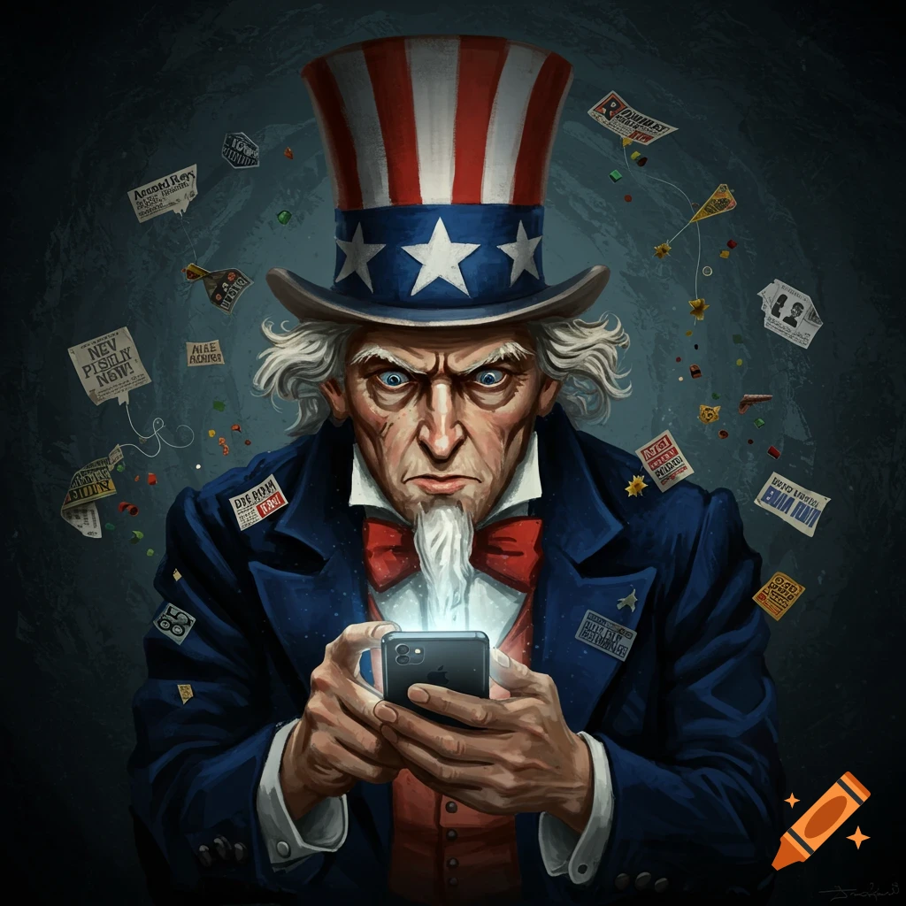 Illustration of Uncle Sam looking sternly at a smartphone, surrounded by floating papers and objects.