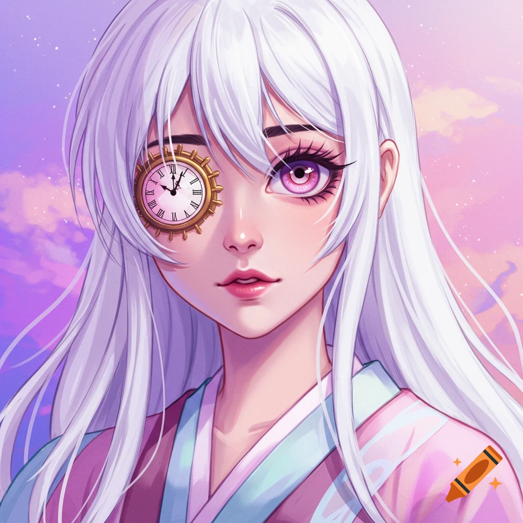 Anime portrait of a woman with white hair, pink eye, and a clock for the other eye, wearing a pink and blue outfit.
