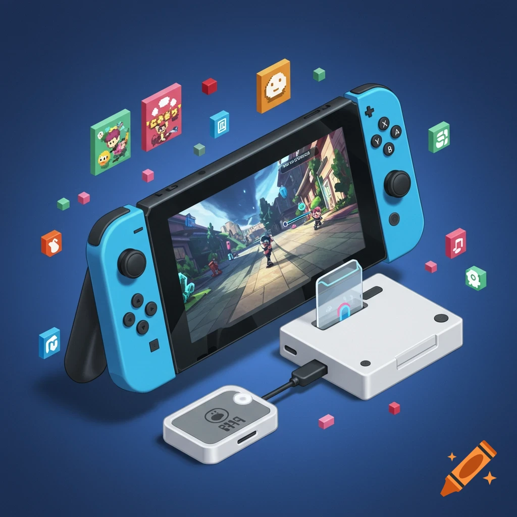 A futuristic blue and black video game console with accessories and floating pixelated game icons.