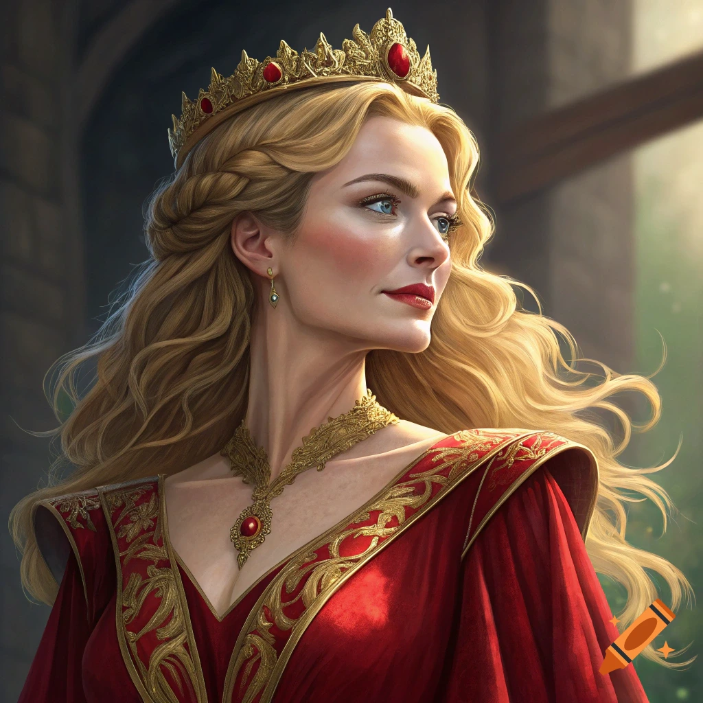 Portrait of a queen with long blonde hair, a gold crown, and a red and gold dress.