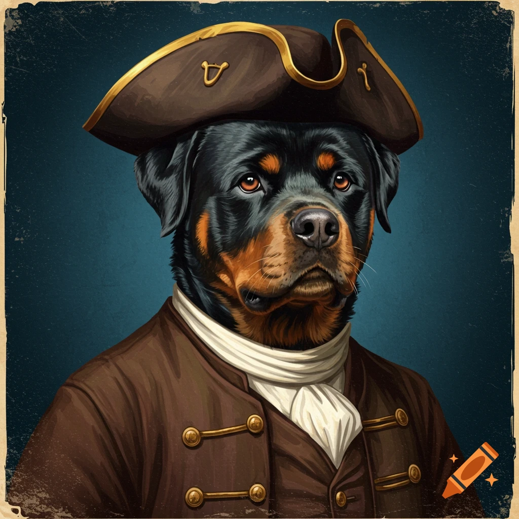 Rottweiler dog dressed as a sea captain in an illustrated portrait style.