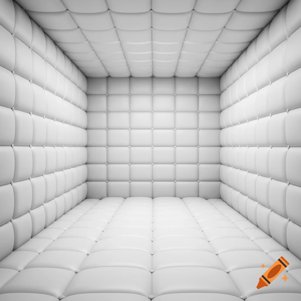 An empty white padded room, perspective view.