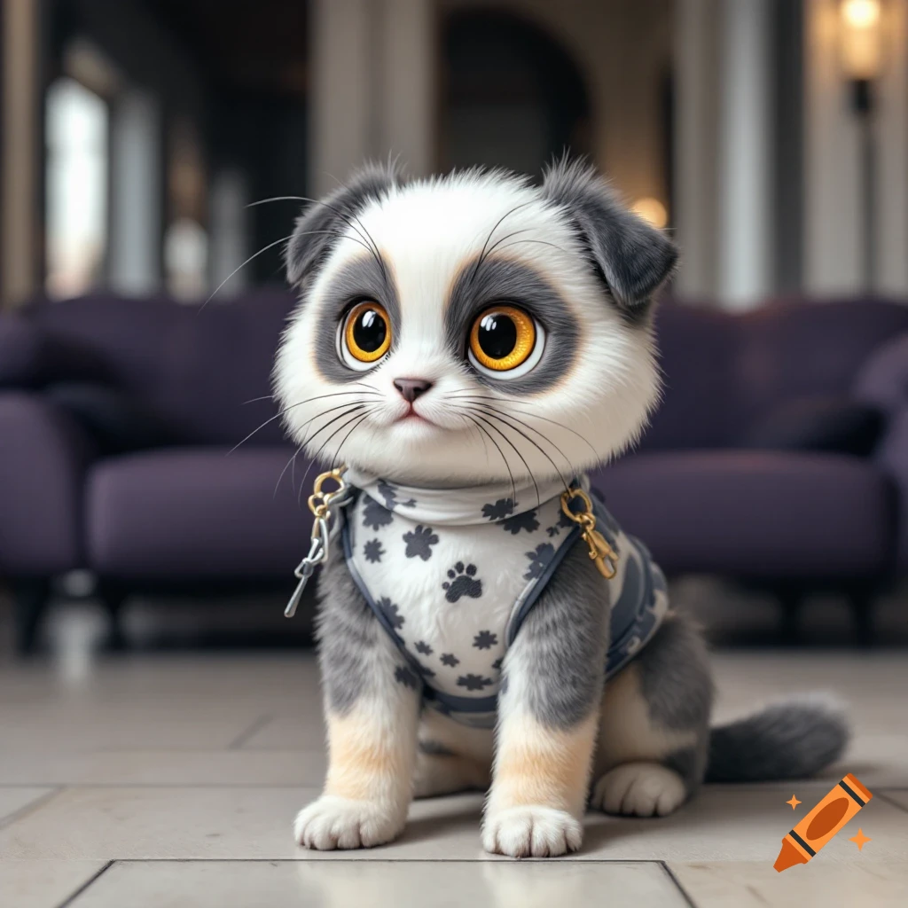 A cute, stylized cat-like animal with panda markings wears a patterned harness.