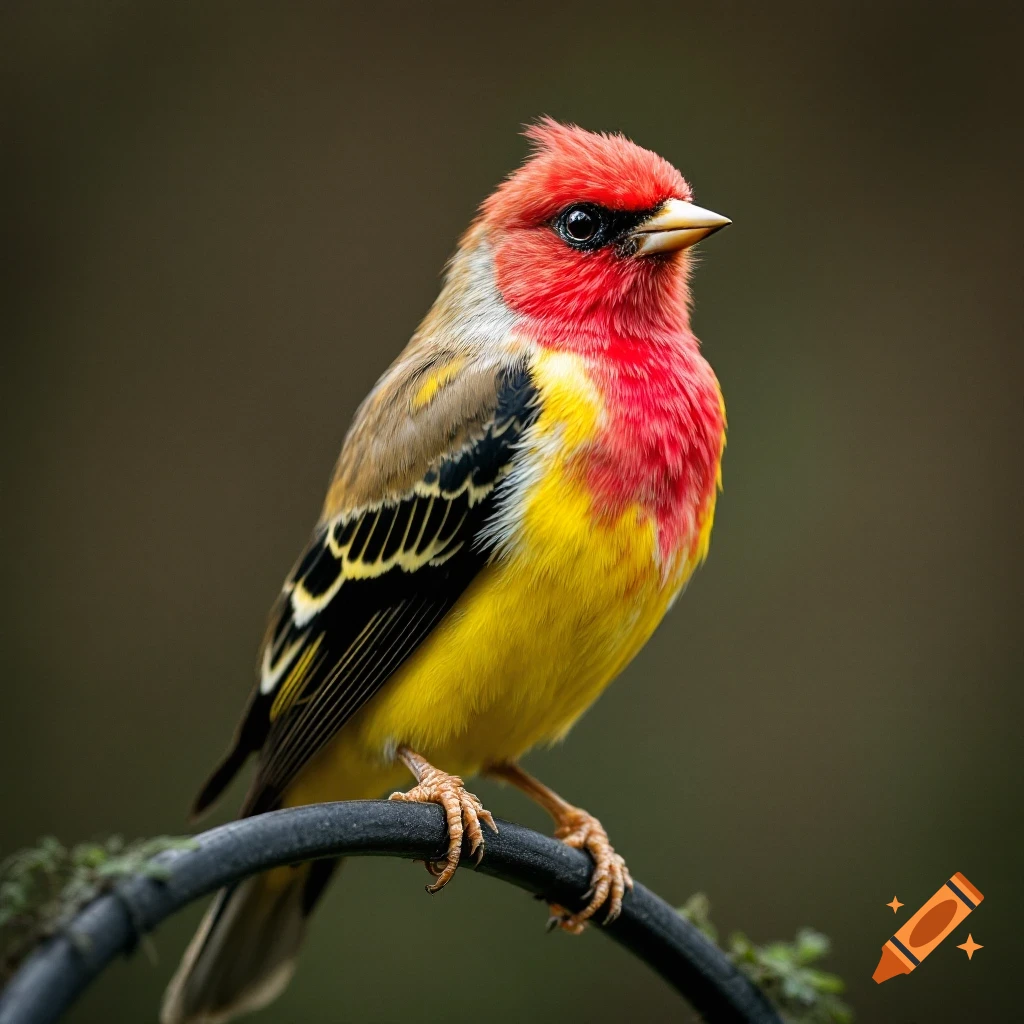 A colorful bird with red, yellow, black, and brown feathers perches on a branch, photorealistic.