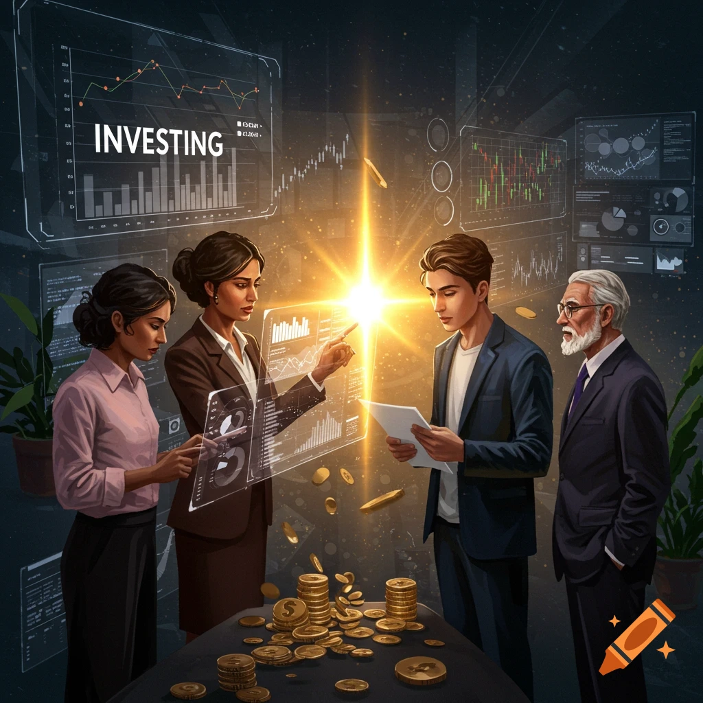 Business people analyze holographic investment charts surrounded by gold coins