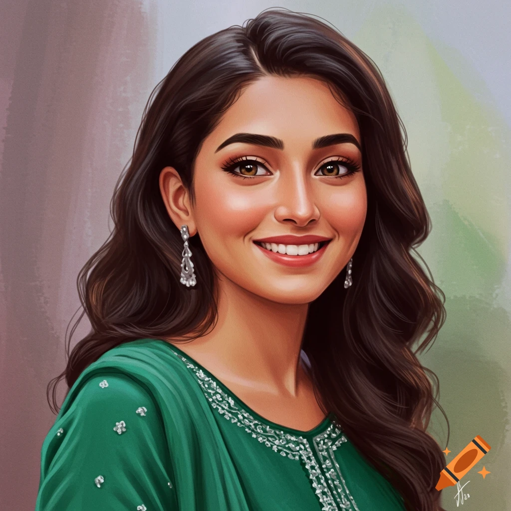 Portrait of a smiling woman with dark hair and eyes in a green dress and earrings.