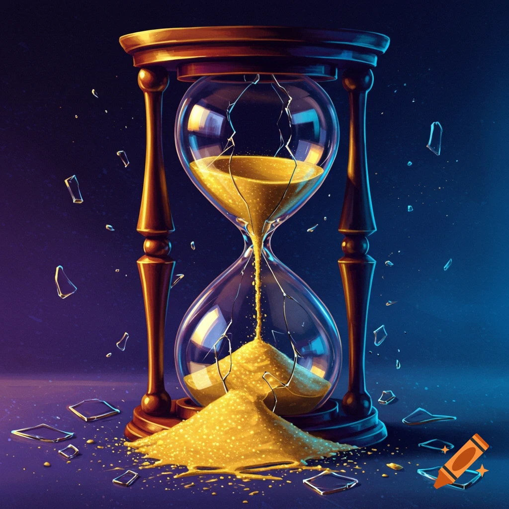 A broken hourglass sits on a surface, with sand spilling onto a pile.