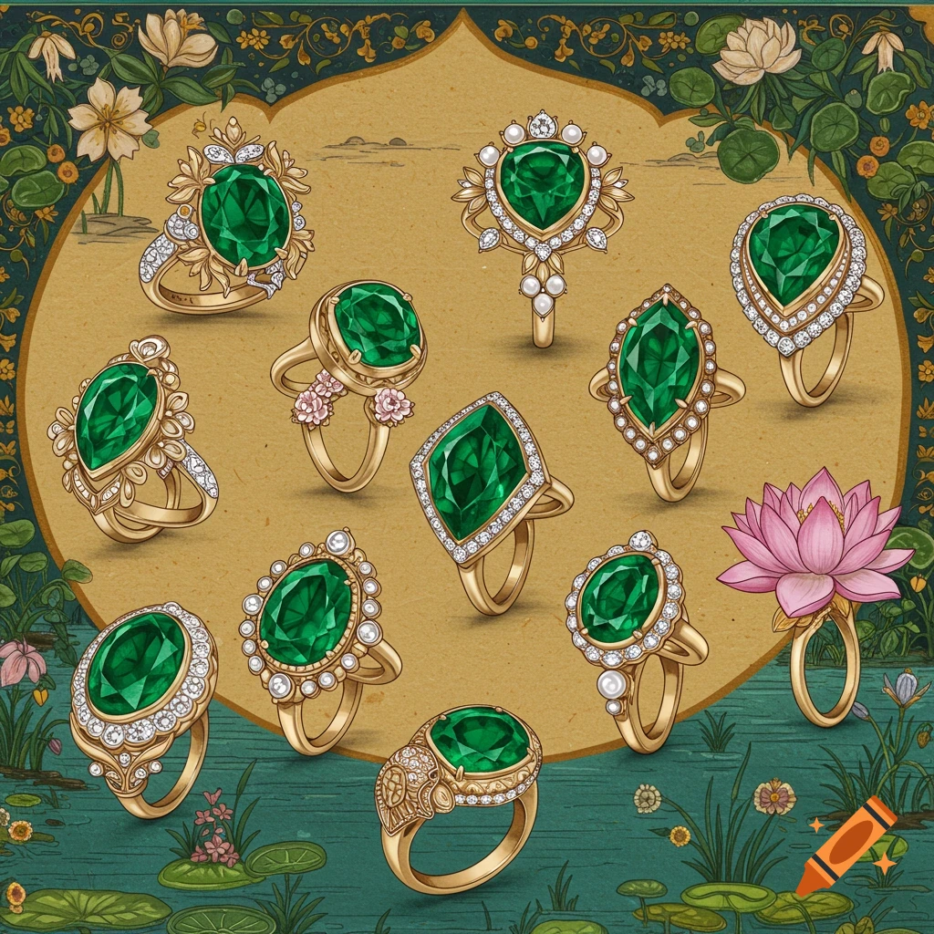Illustration of ornate emerald rings displayed in a nature setting with flowers and water.