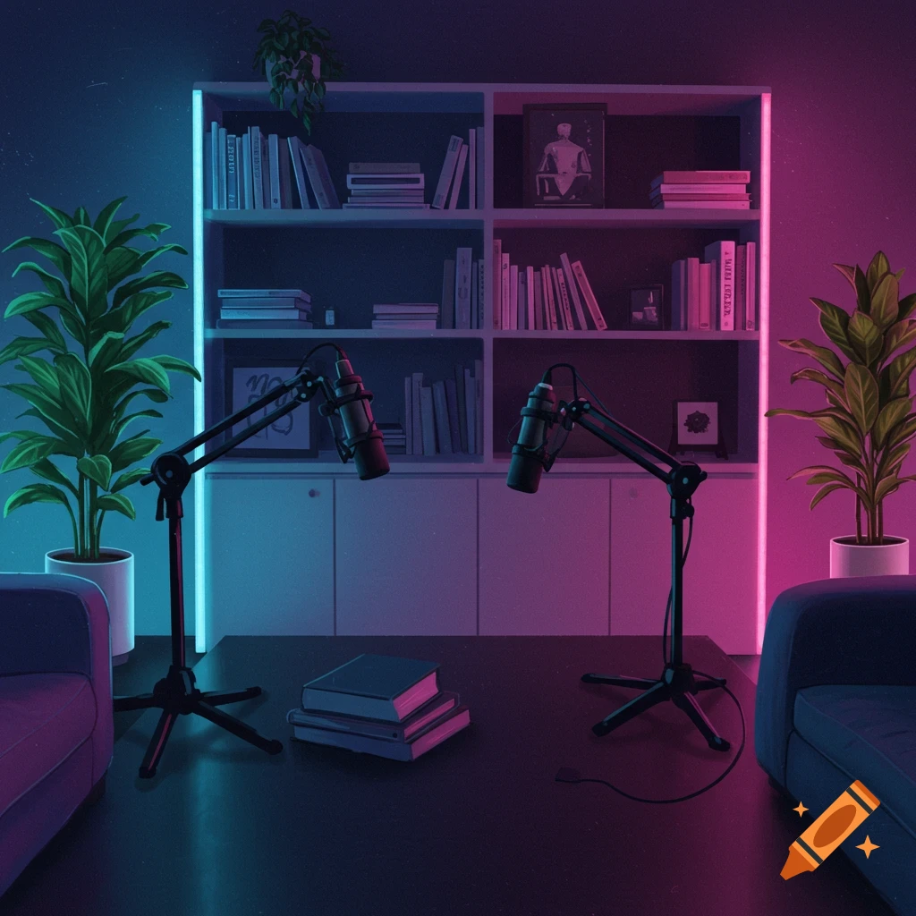 Modern podcast studio setup with microphones, bookshelf, plants, and blue and pink RGB lighting.