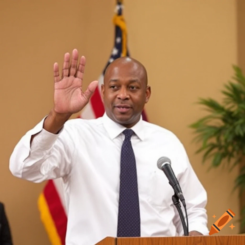 A man in a white shirt and tie raises his hand at a podium in front of an American flag.