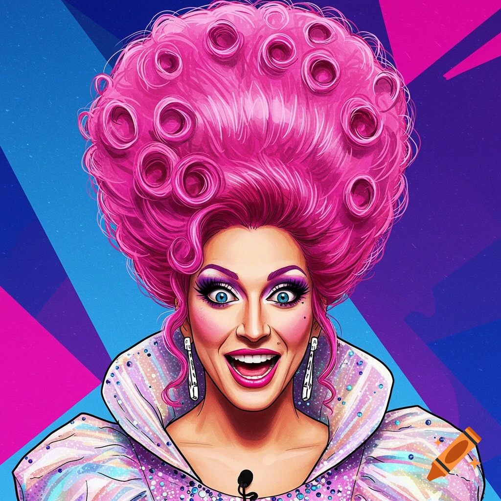 Stylized portrait of a person in drag with big pink hair, heavy makeup, and a sparkly collar.