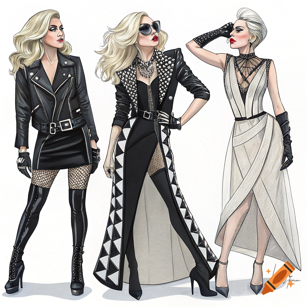 Three fashion illustrations of women wearing different outfits inspired by Lady Gaga's style.