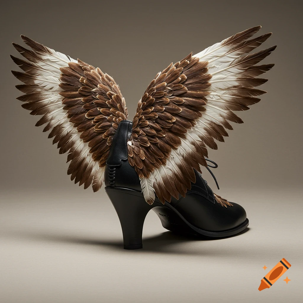 A realistic black heeled shoe with large brown and white bird wings attached to the back.