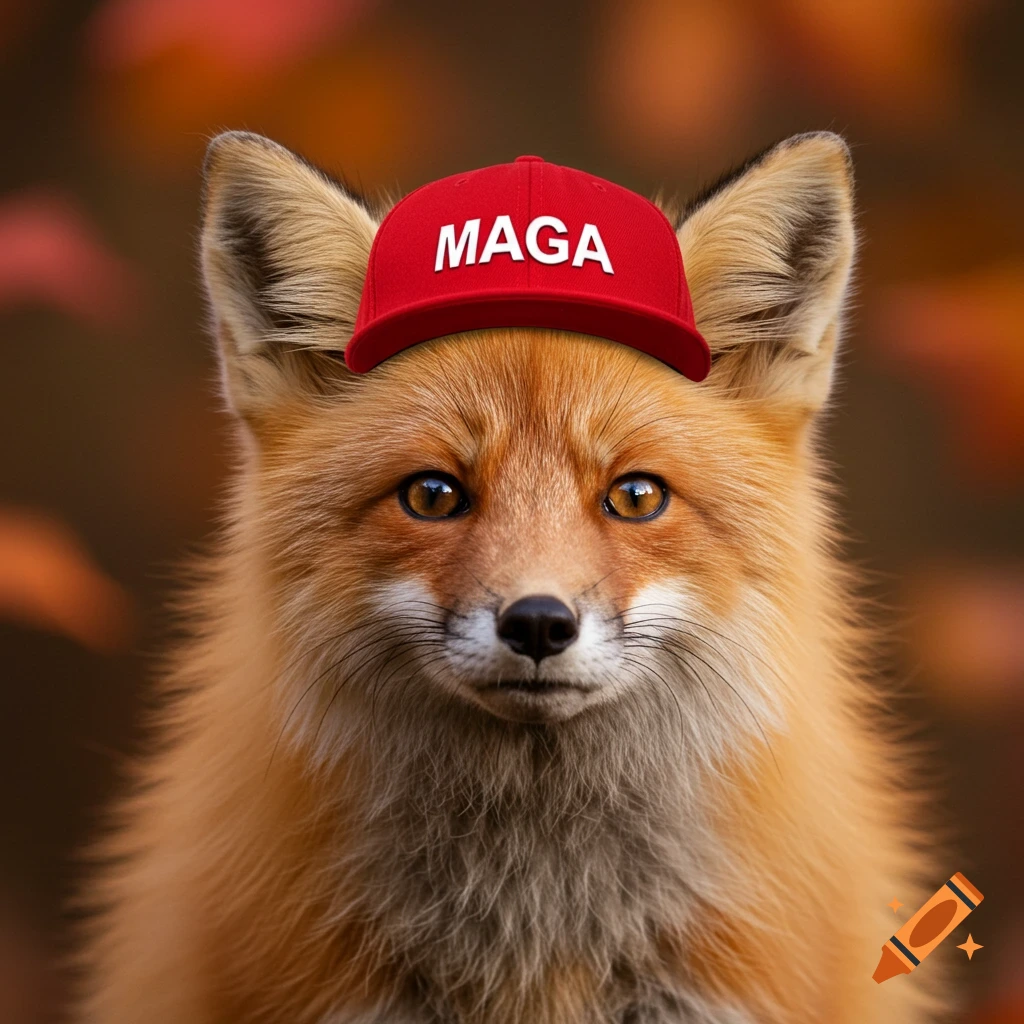 Close-up of a fox wearing a red hat with 'MAGA' on it, against a blurry autumn background.