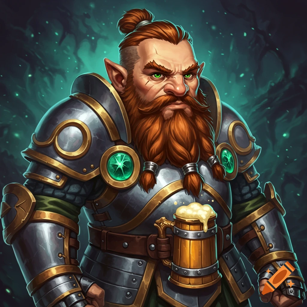A fantasy dwarf or gnome champion in ornate armor holds a tankard of beer.