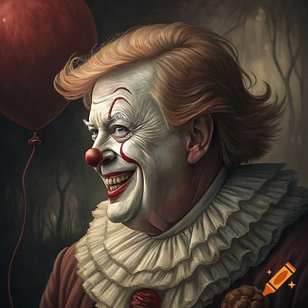 Detailed portrait of a scary clown resembling Donald Trump, holding a red balloon.