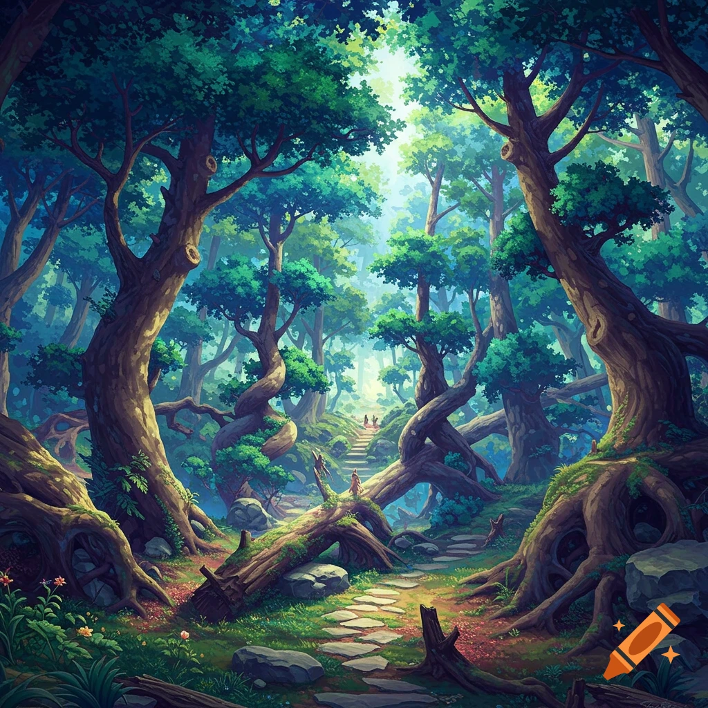 Lush fantasy forest with twisty trees, a stone path leading uphill, and small figures walking in the distance.