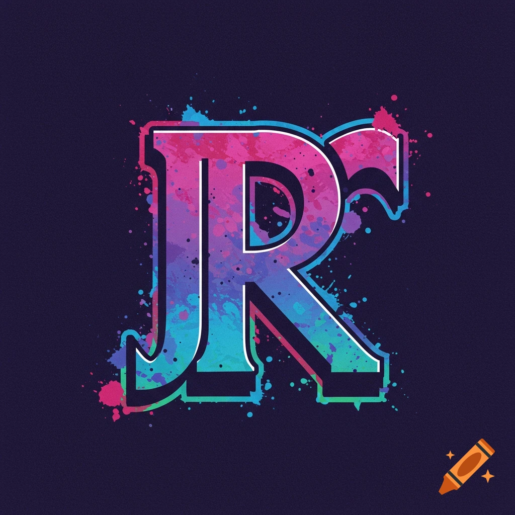 Stylized letter R with colorful paint splatter effect on a dark background.