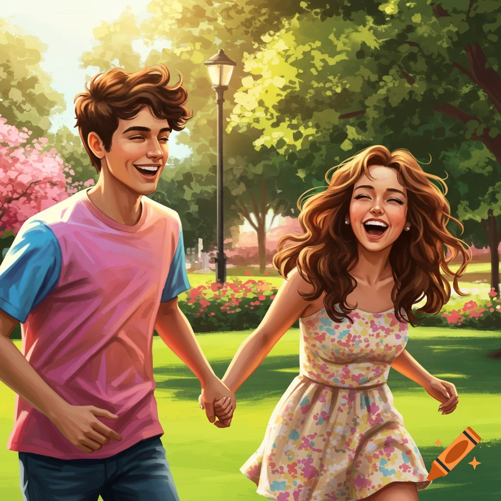 Smiling young couple holding hands and running through a sunny park illustration.