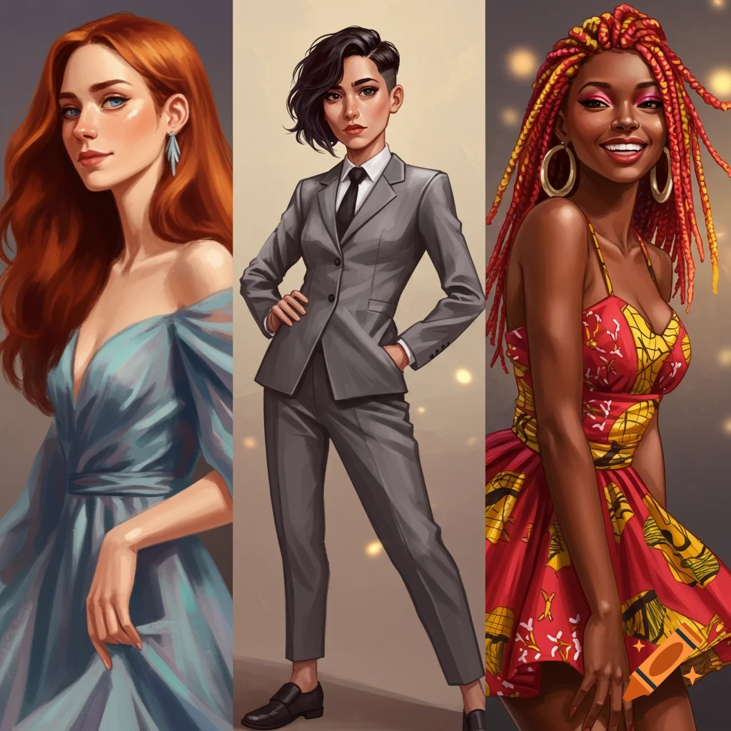 Three stylized portraits of women in different outfits: a blue dress, a grey suit, and a red and yellow dress.