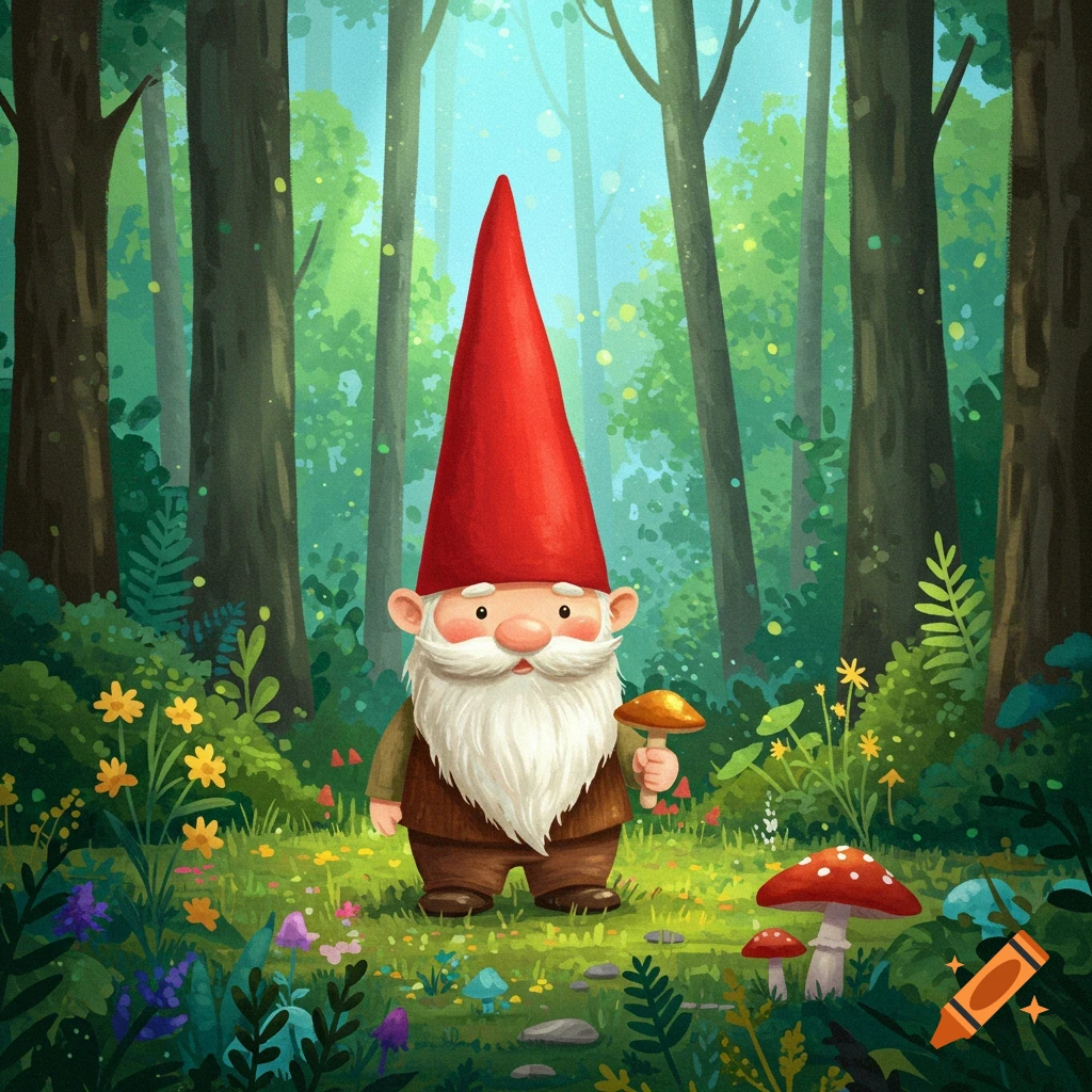 A cute gnome in a forest clearing holding a mushroom, illustration.