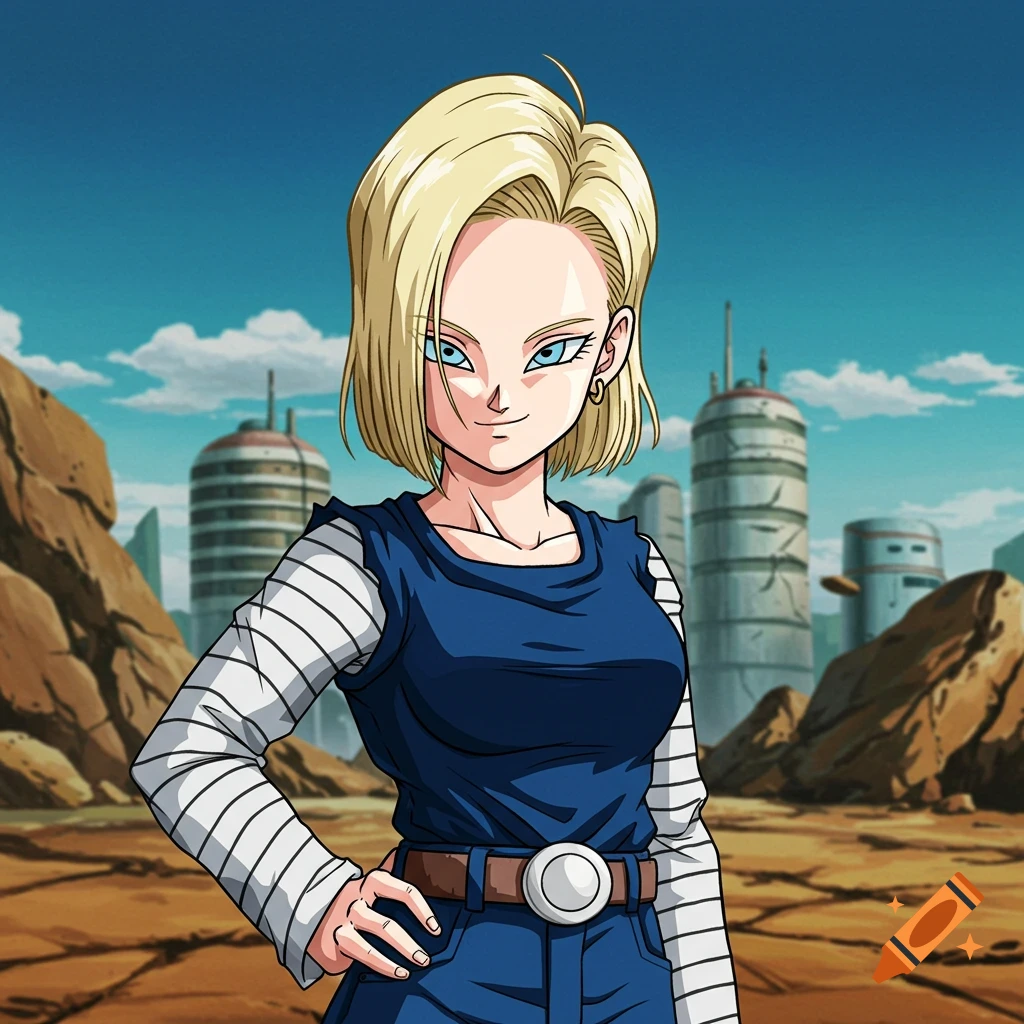 Android 18 from Dragon Ball Z stands in a desert landscape with buildings in anime style.