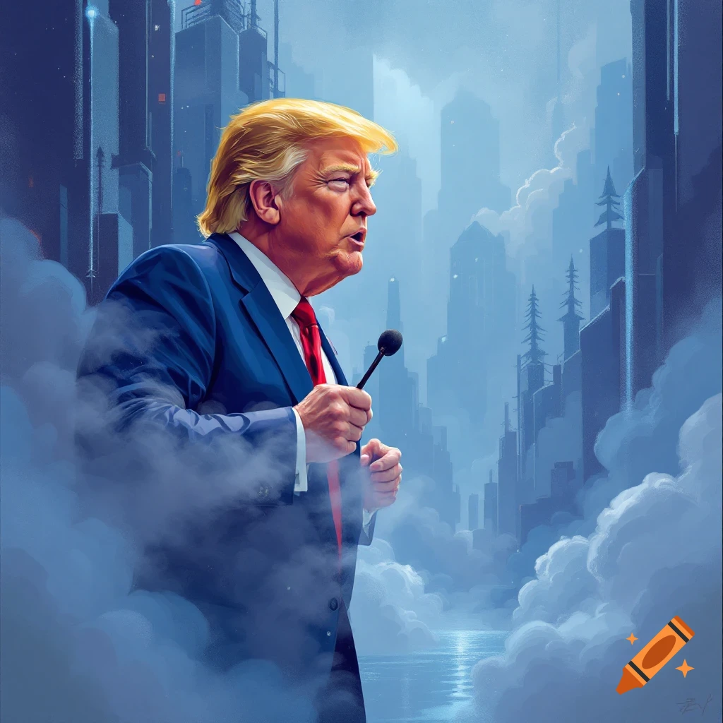 Stylized illustration of Donald Trump holding a microphone in a cloudy cityscape.