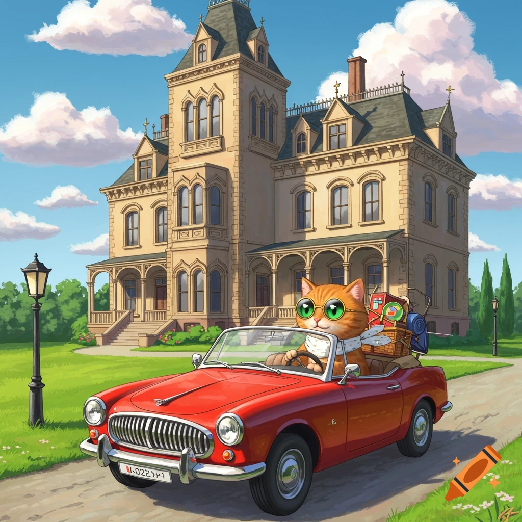 An orange cat in goggles drives a red convertible towards a large mansion.