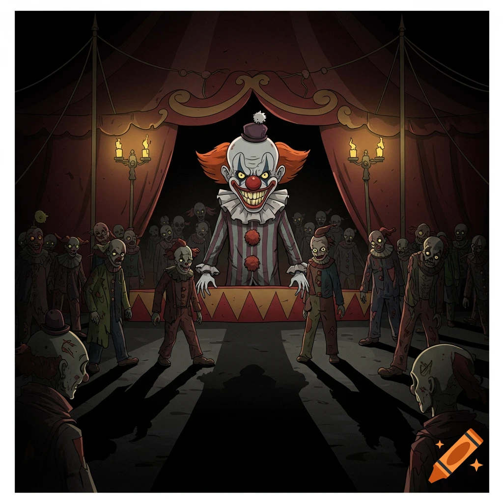 Cartoon illustration of a large evil clown on a stage surrounded by a horde of creepy zombie figures in a dark circus tent.