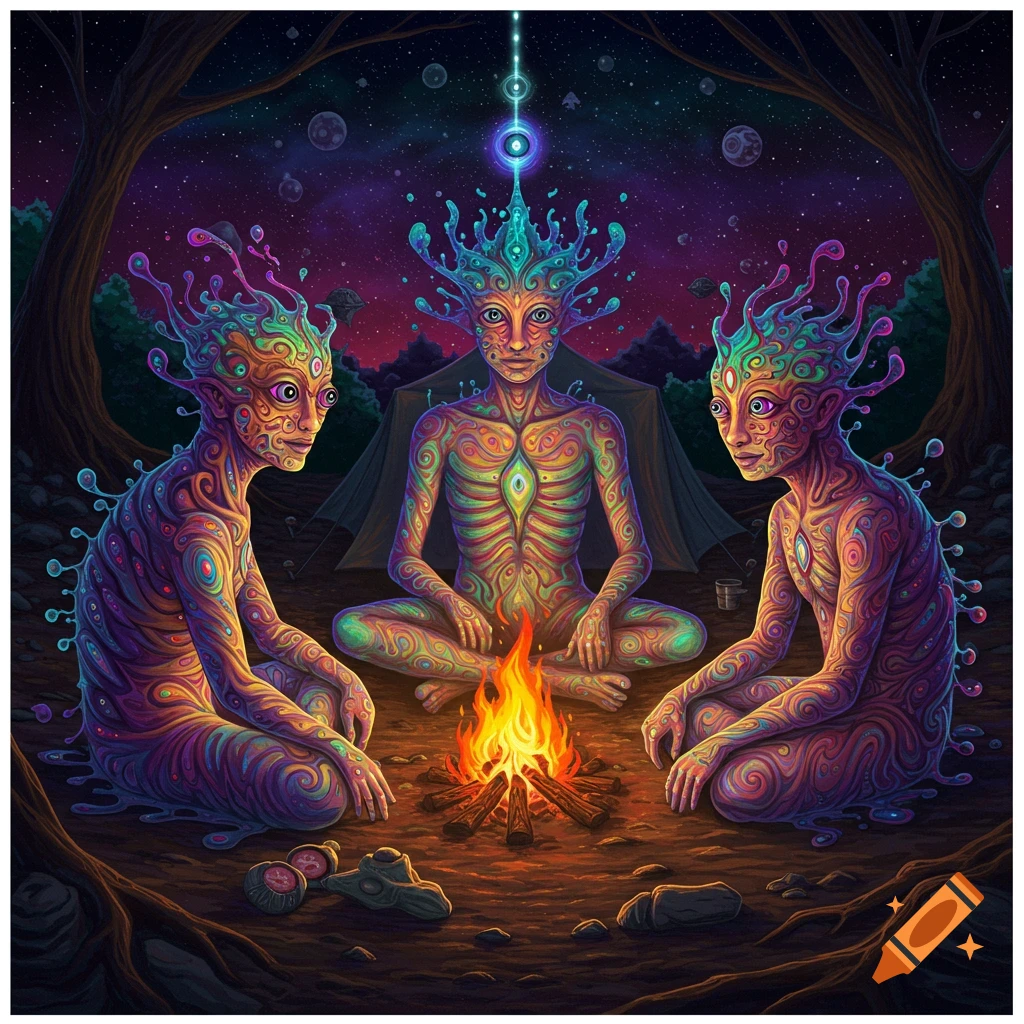 Three colourful, surreal creatures sit around a campfire at night.
