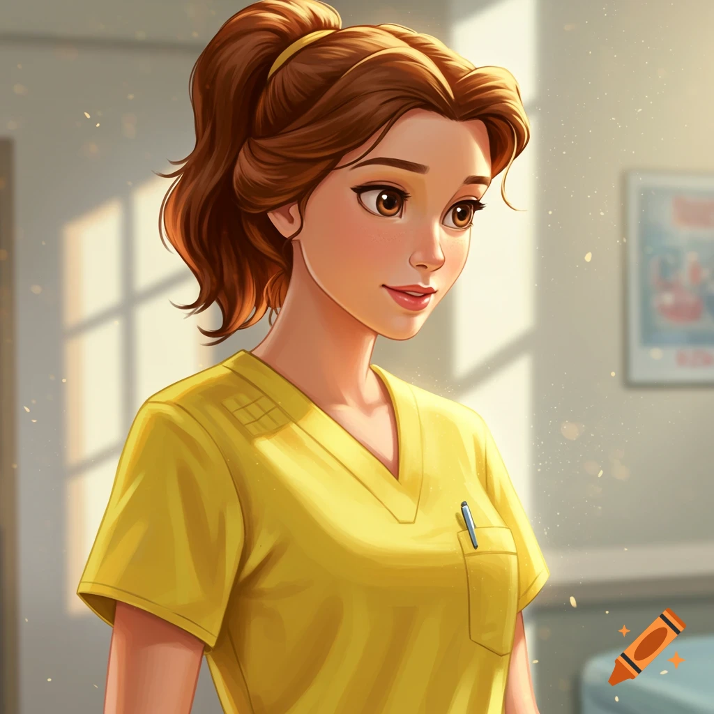 Cartoon illustration of Princess Belle as a nurse in a hospital room.