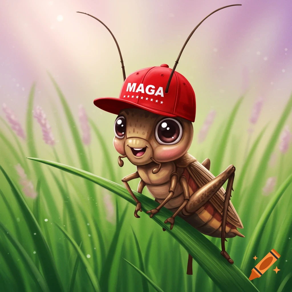 Cartoon cricket wearing a MAGA hat in grass.