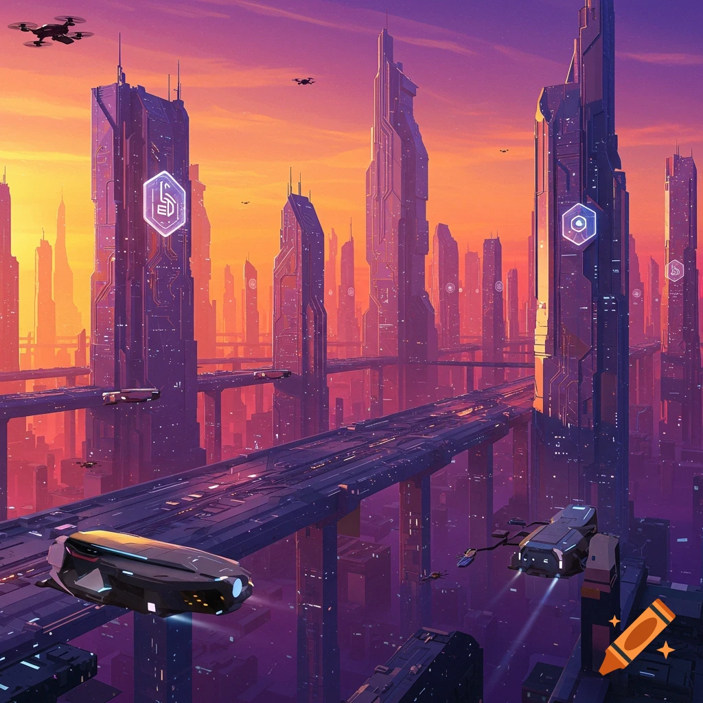 Futuristic city skyline at sunset with tall buildings, elevated roads, and flying vehicles.