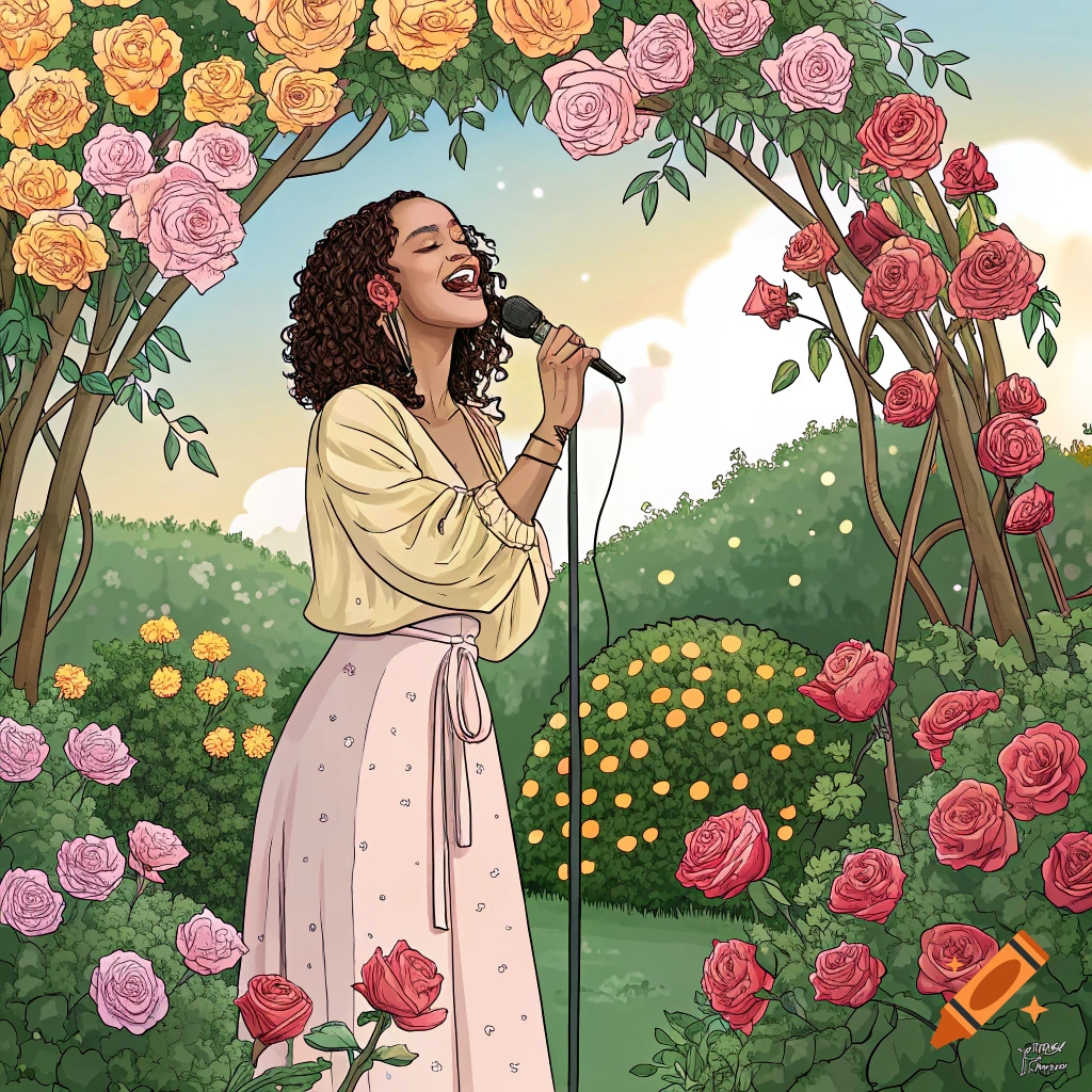 Animated woman singing into a microphone in a garden filled with colorful roses.