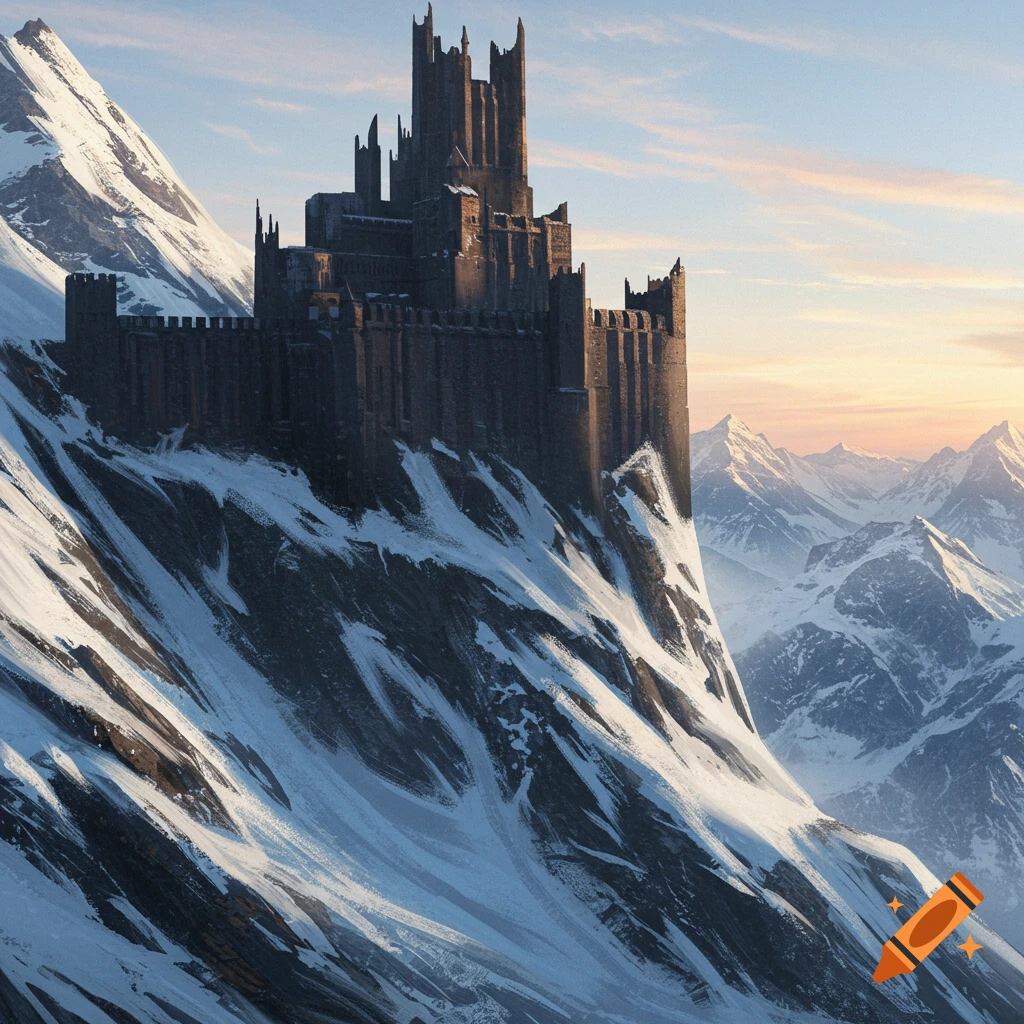 Large dark castle on a snowy mountain peak at sunset