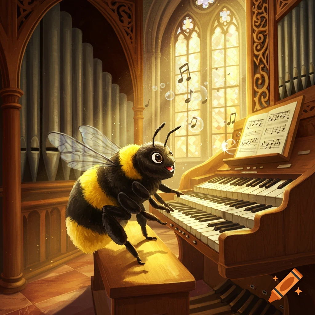 A fluffy bumblebee plays a large pipe organ in a sunlit church, with musical notes floating in the air. Illustration.