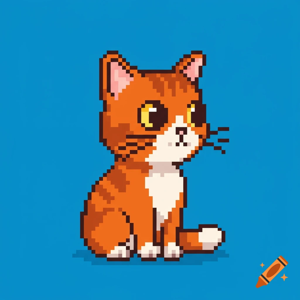 A pixel art illustration of an orange and white cat sitting against a blue background.