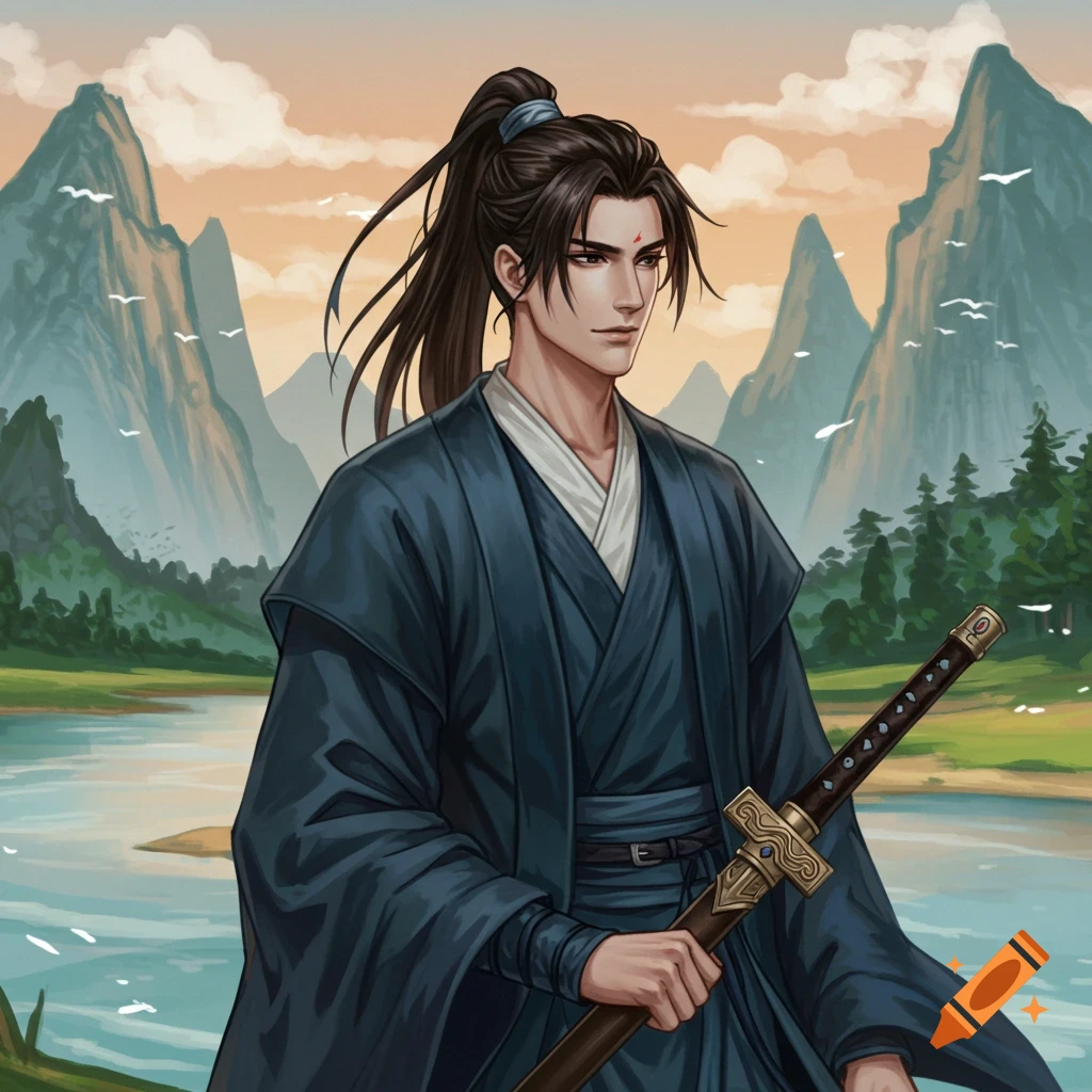 An illustration of a male Xianxia character with a sword in a mountain landscape.