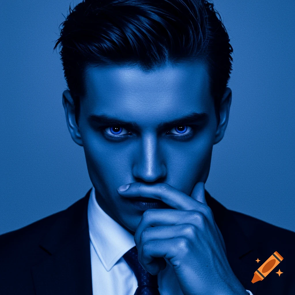 A close-up portrait of a man in a suit with intense blue eyes and blue-toned skin, holding a finger to his lips.