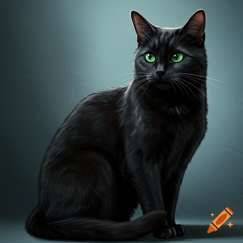 A black cat with green eyes sits looking forward.