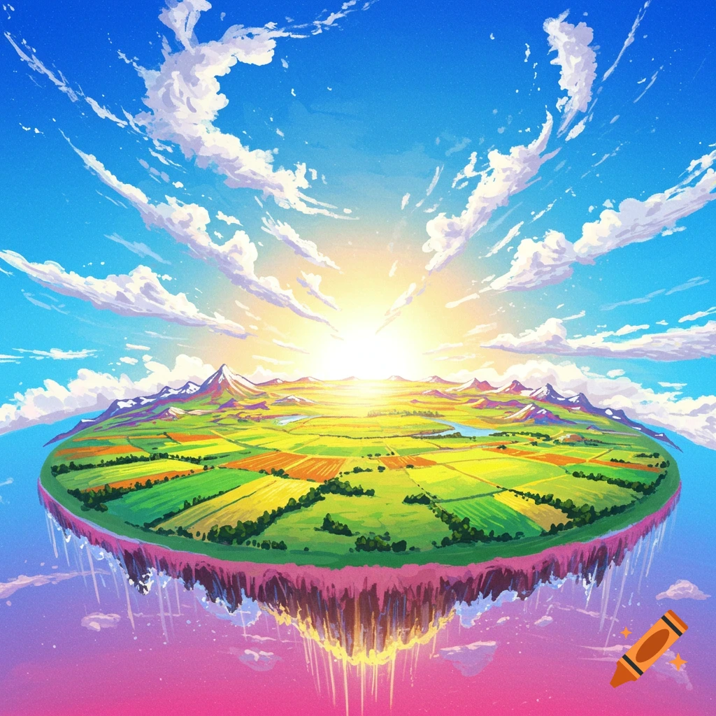 A fantasy landscape of a floating island with fields and mountains under a bright sunrise sky with dramatic clouds.