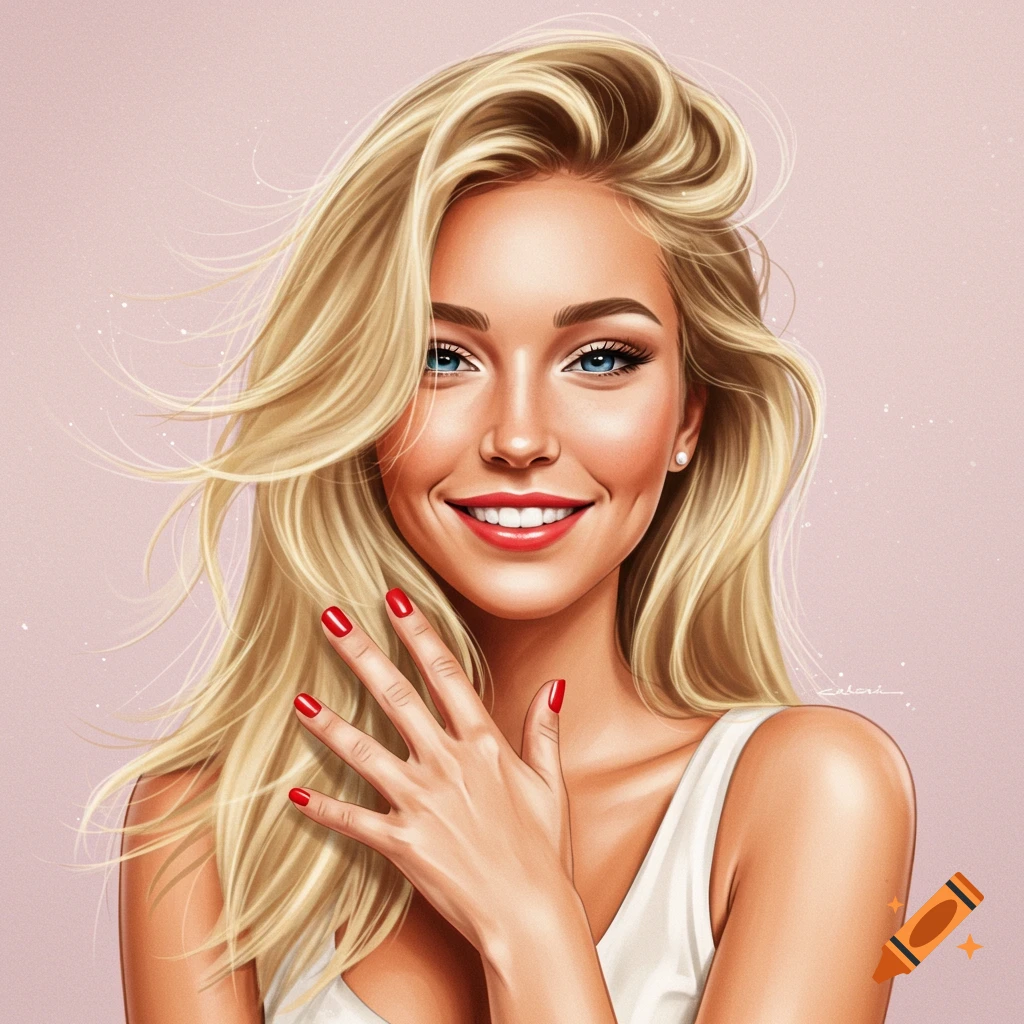 Portrait of a smiling blonde woman with red nails
