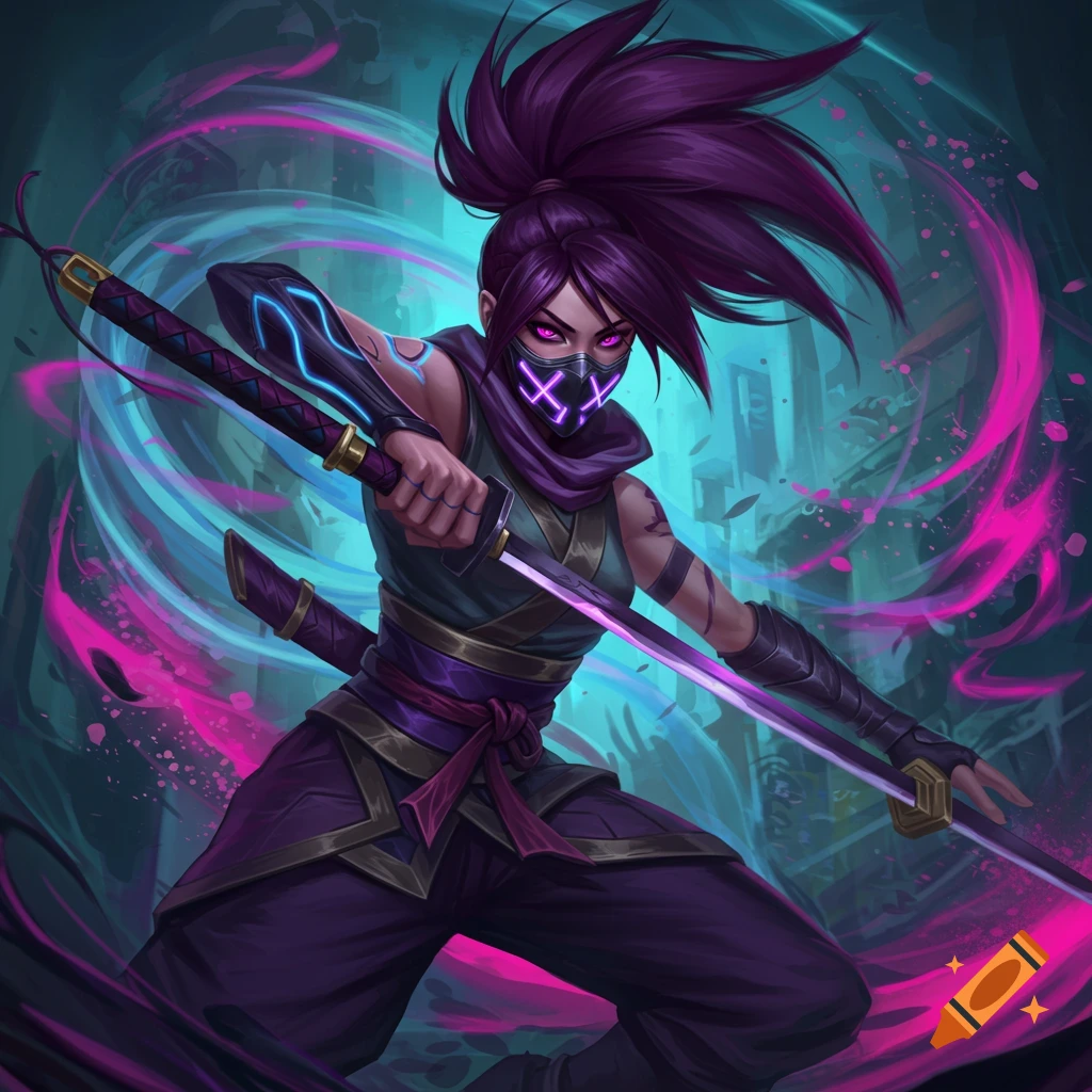 Stylized anime-style art of a female ninja with purple hair, wearing a mask with pink X marks, holding a glowing katana amidst pink and blue energy.